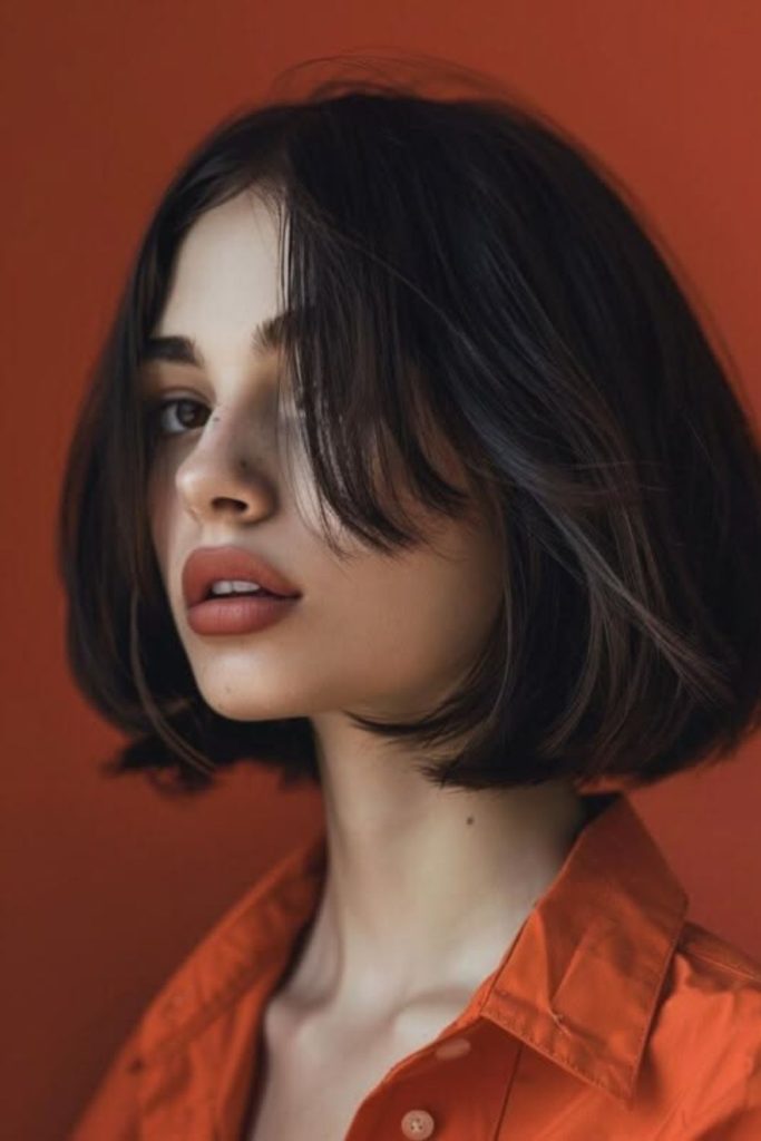 Roman curved fringe bob haircut.