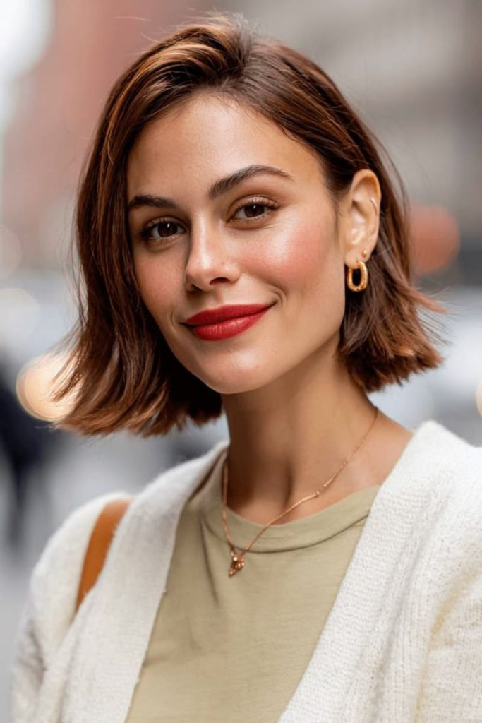 Sculpted Roman editorial bob hairstyle.