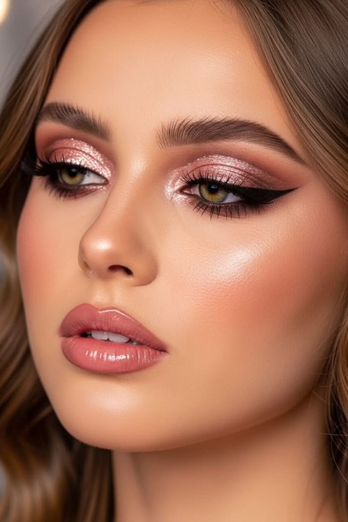 Romantic rose gold eye makeup.