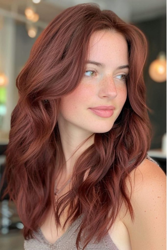 Rosewood strawberry brunette hair with highlights.