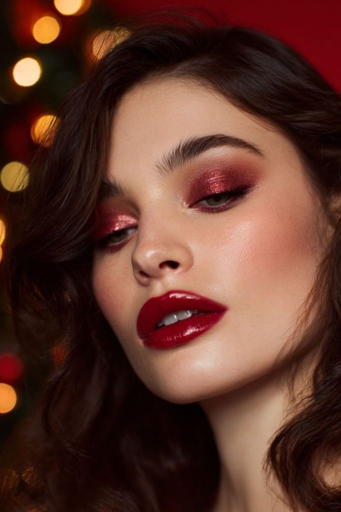 Royal cherry makeup with glamorous crimson tones.