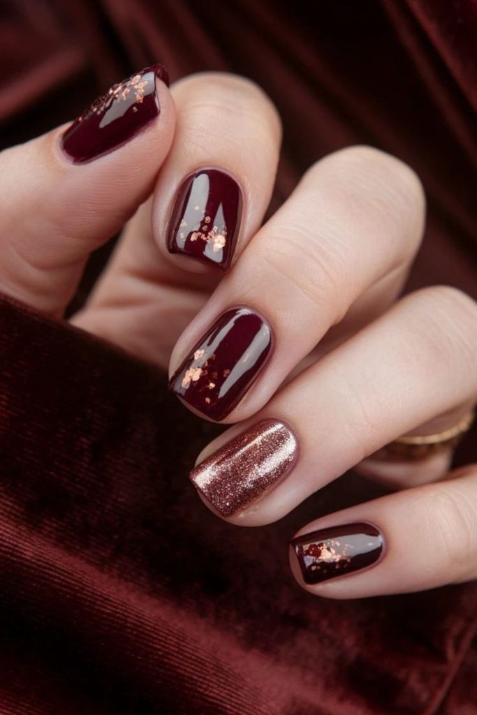 Royal glossy oxblood crystal manicure.