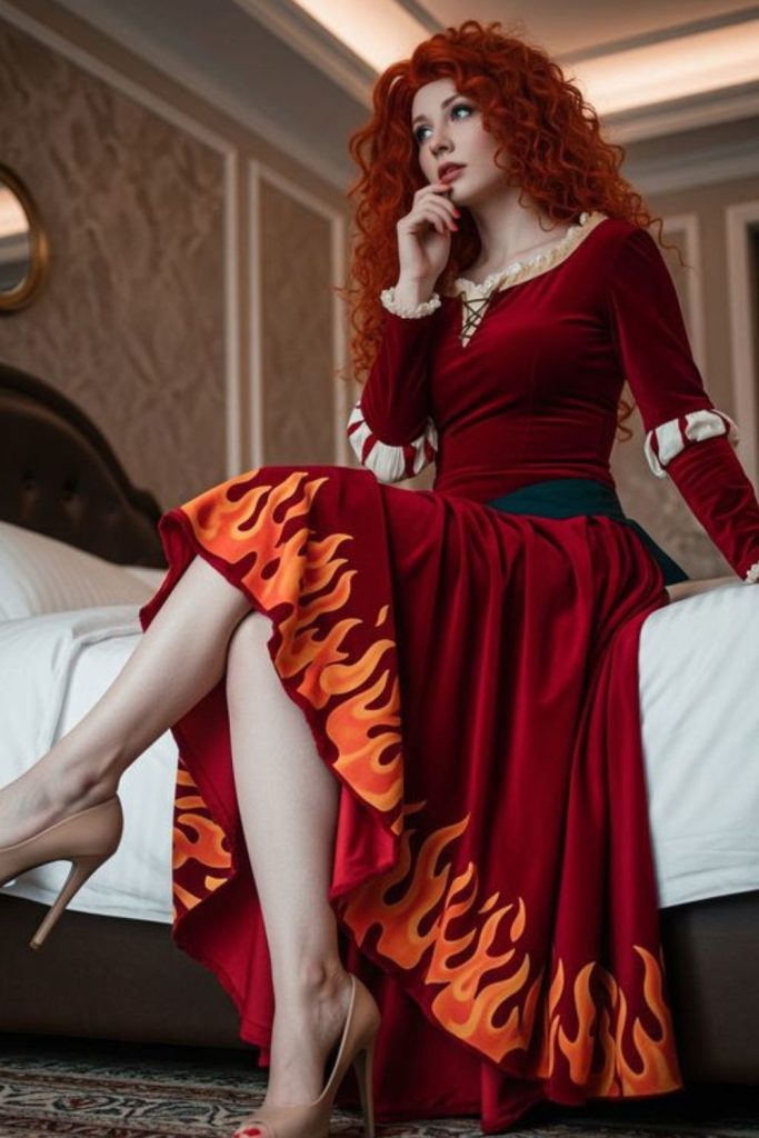 Ruby fairy godmother costume with red hair.