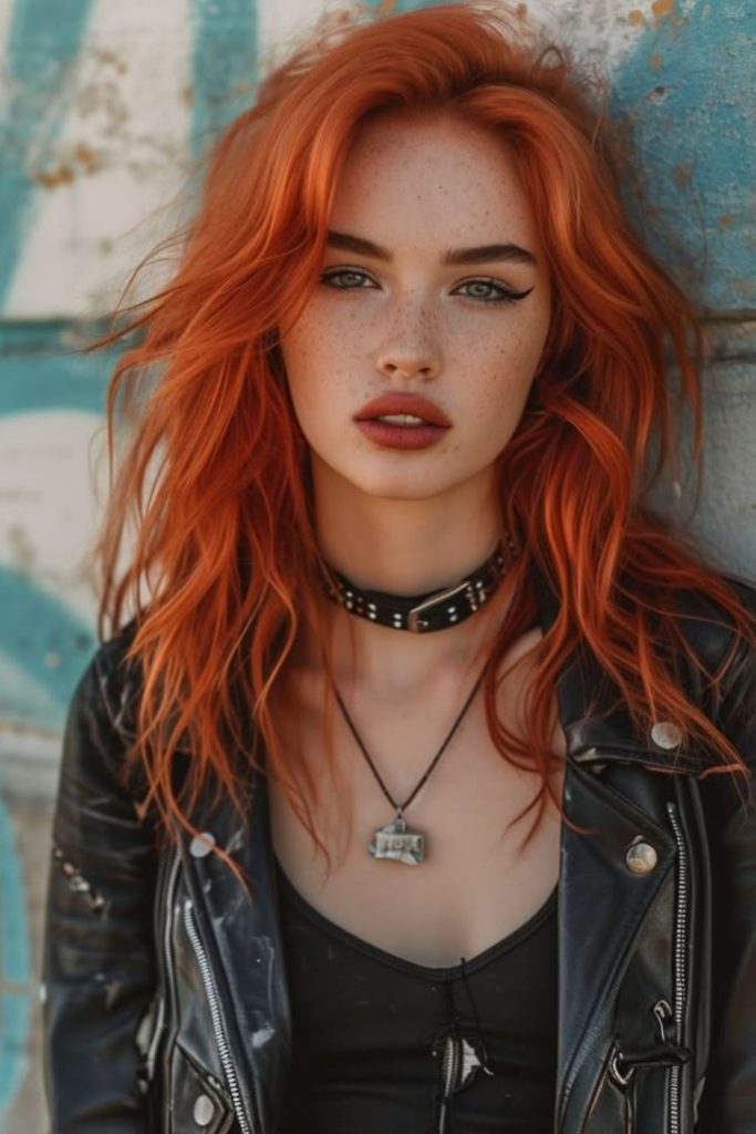 Ruby rockstar costume with fiery red hair.