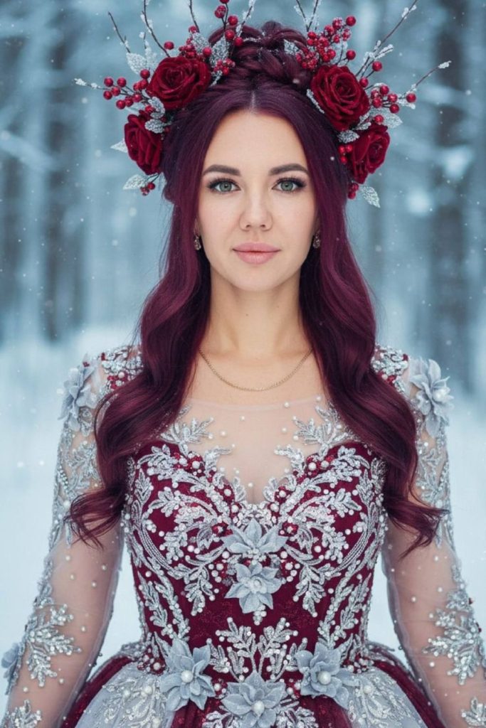 Ruby snow queen costume with red hair.