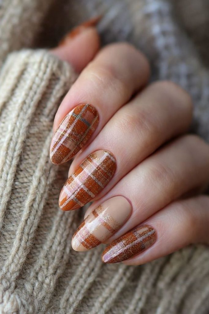 Rusted autumn plaid nail design.