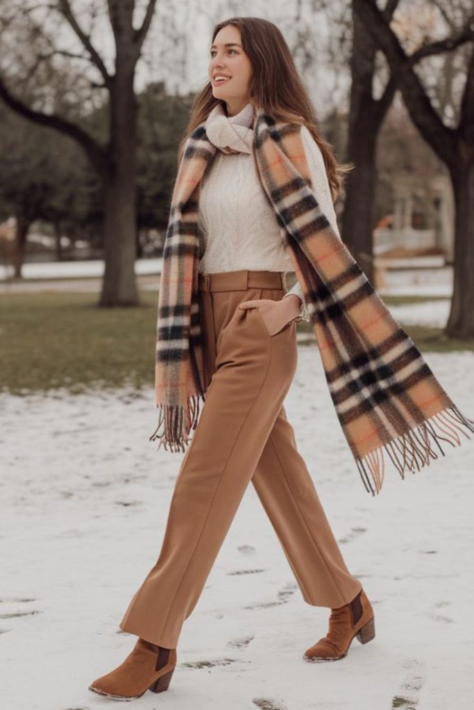 Brown tailored trousers autumn outfit.