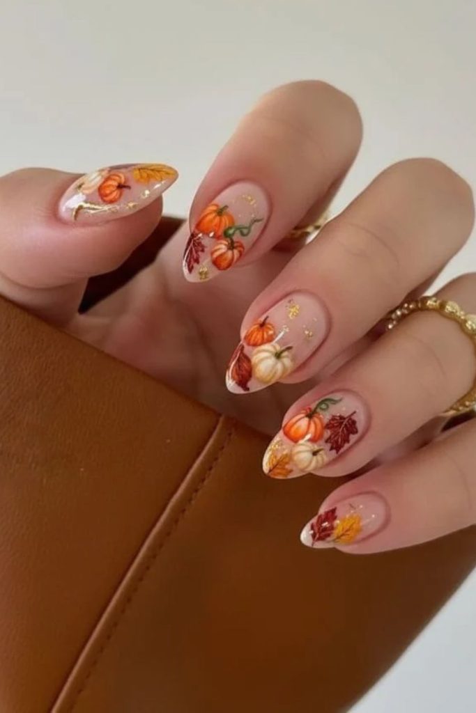 Rustic pumpkin patch Thanksgiving manicure.