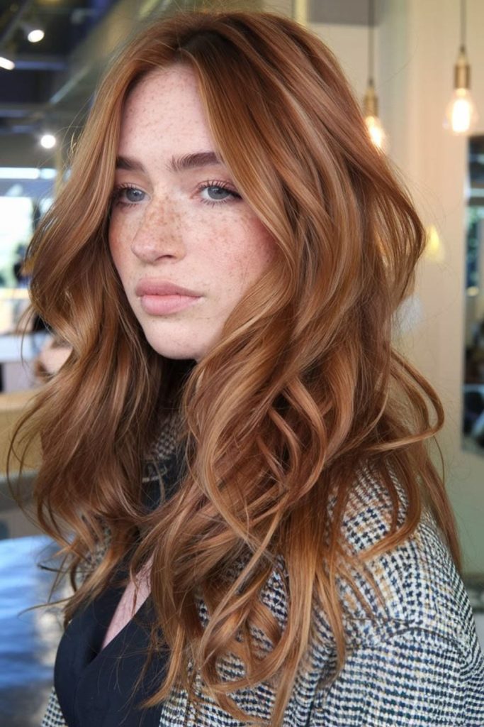Rustic strawberry brunette hair with waves.