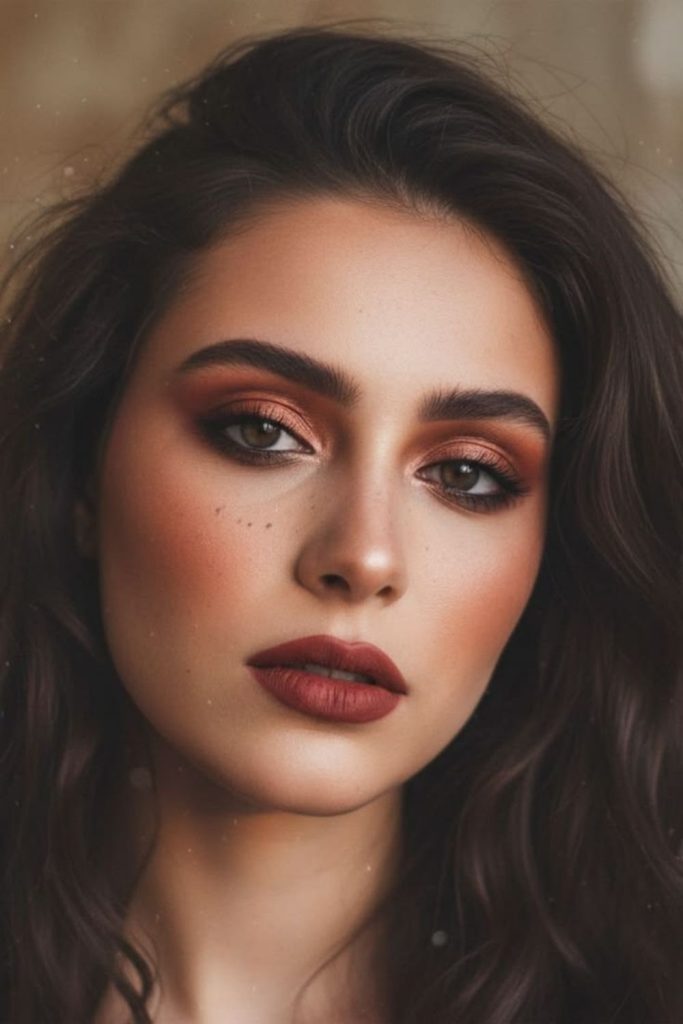 Rusty rose autumn makeup look.