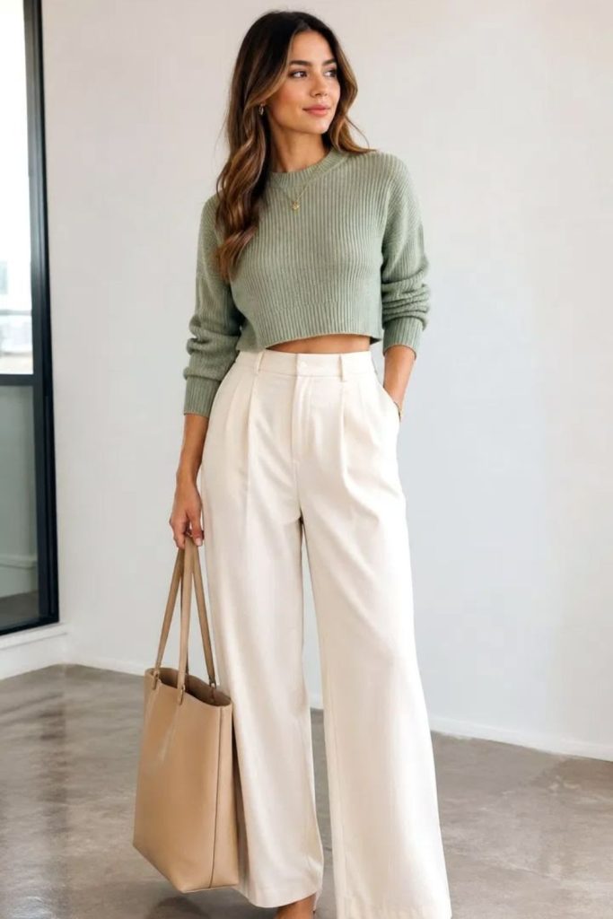 Sage knit sweater with white trousers. 