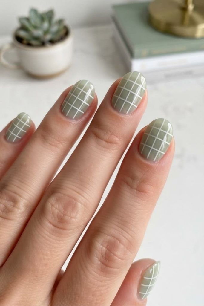 Sage green plaid nail design.