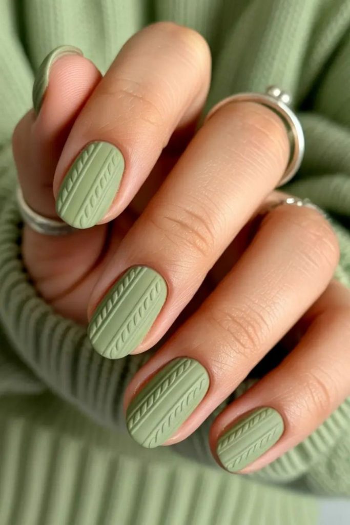 Sage green winter sweater nails.