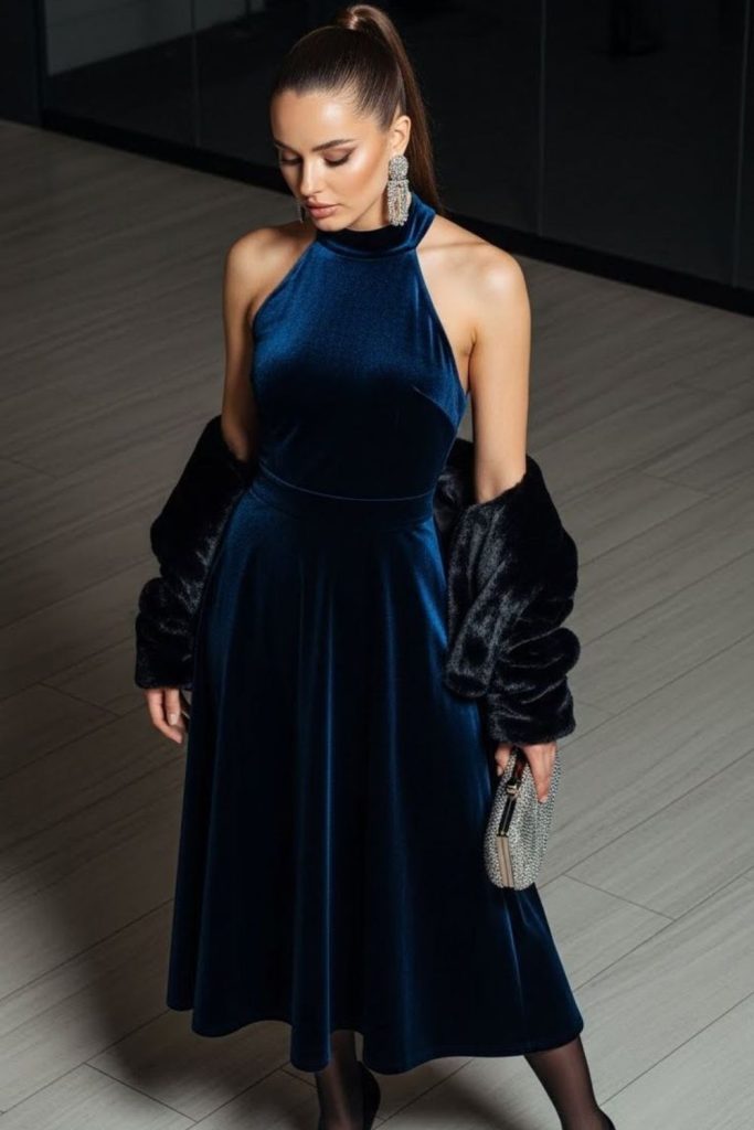 Sapphire midi dress with faux fur jacket.