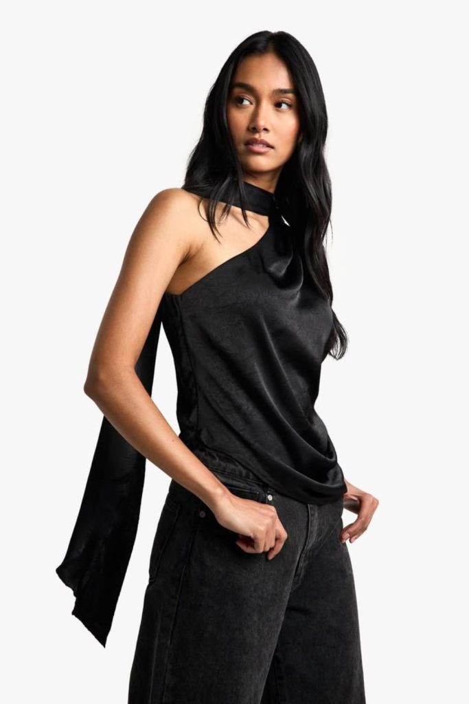 Satin corset with tailored pants.