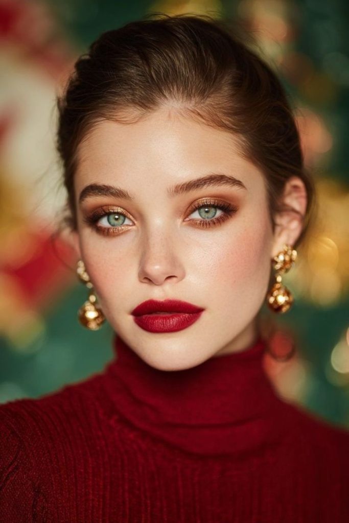 Scarlet cherry makeup with bold red lips.