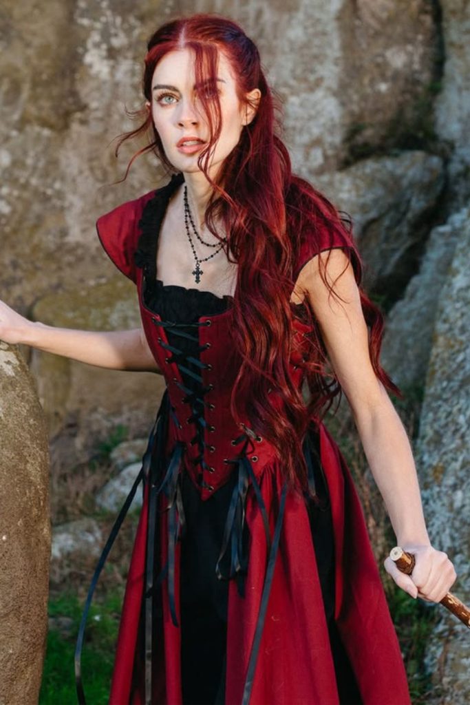 Scarlet medieval sorceress costume for women.