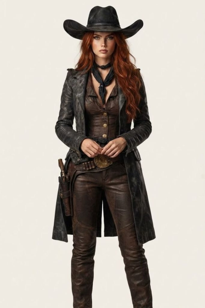 Scarlet wild west outlaw costume.
