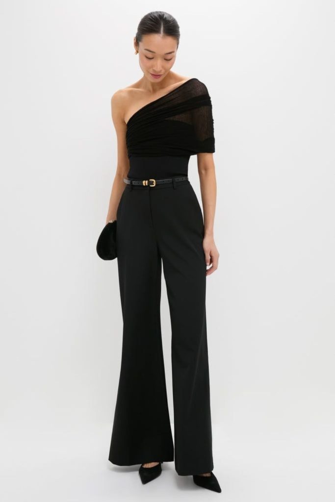 Satin top with leather pants.