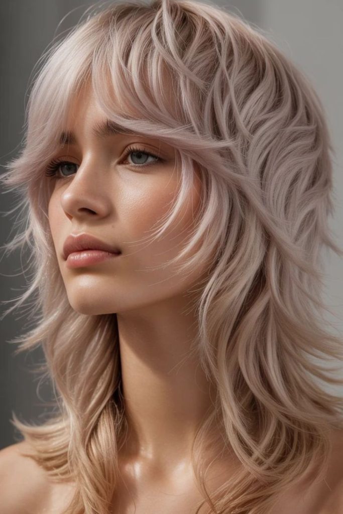 Shaggy jellyfish haircut with tousled layers.