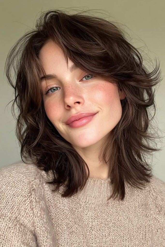 Shoulder-length layered Hush Cut hairstyle.