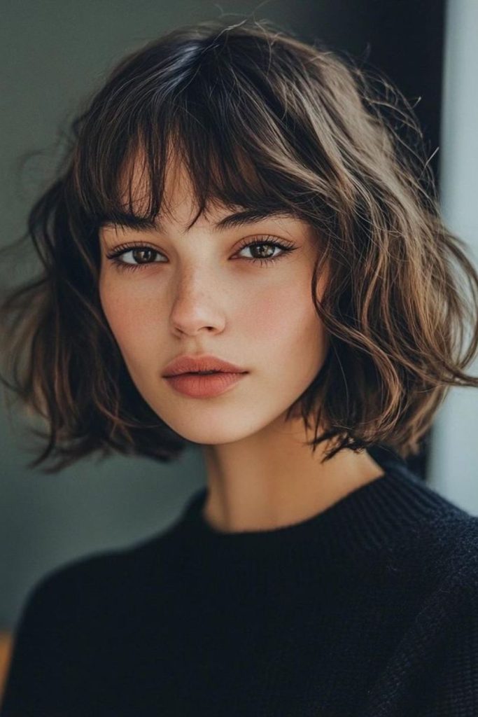 Textured Sicilian shaggy bob hairstyle.