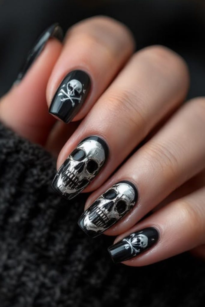 Black nails with silver skull artwork.