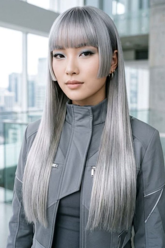 Smoky silver futuristic hime haircut.