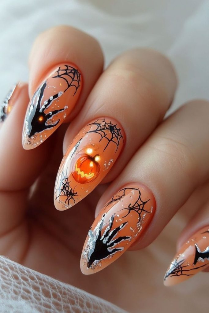 Sinister Pumpkin Face Halloween Nail Art