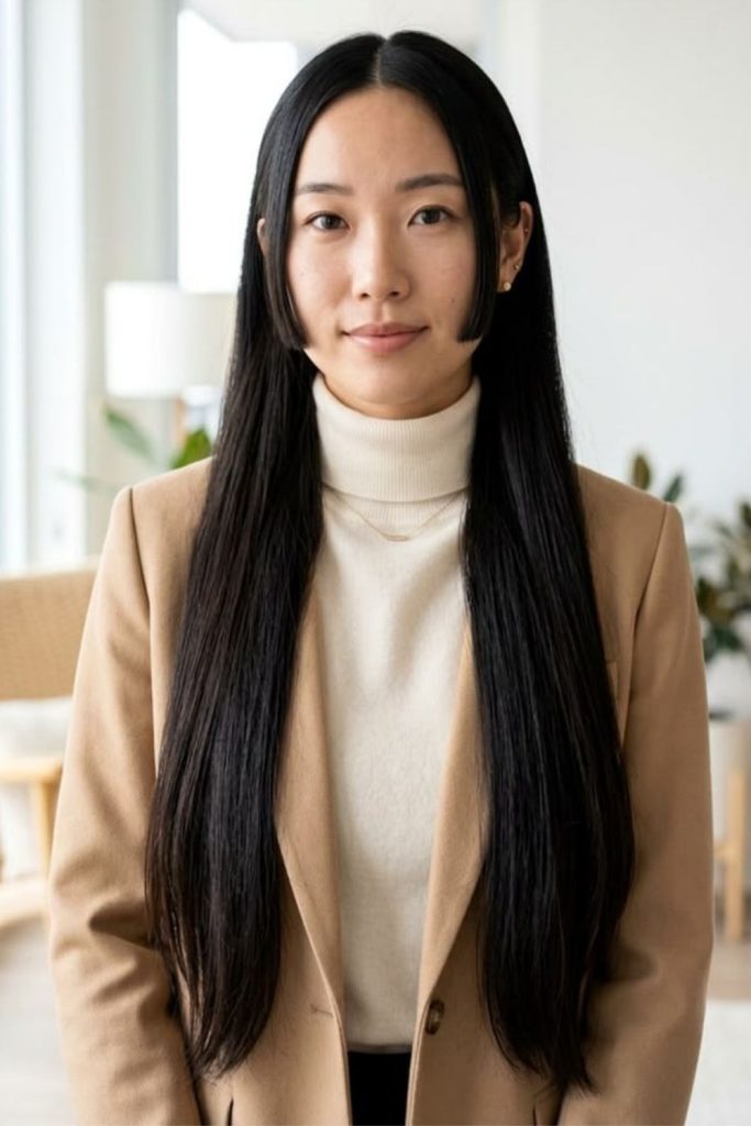 Sleek professional minimalist hime hairstyle.
