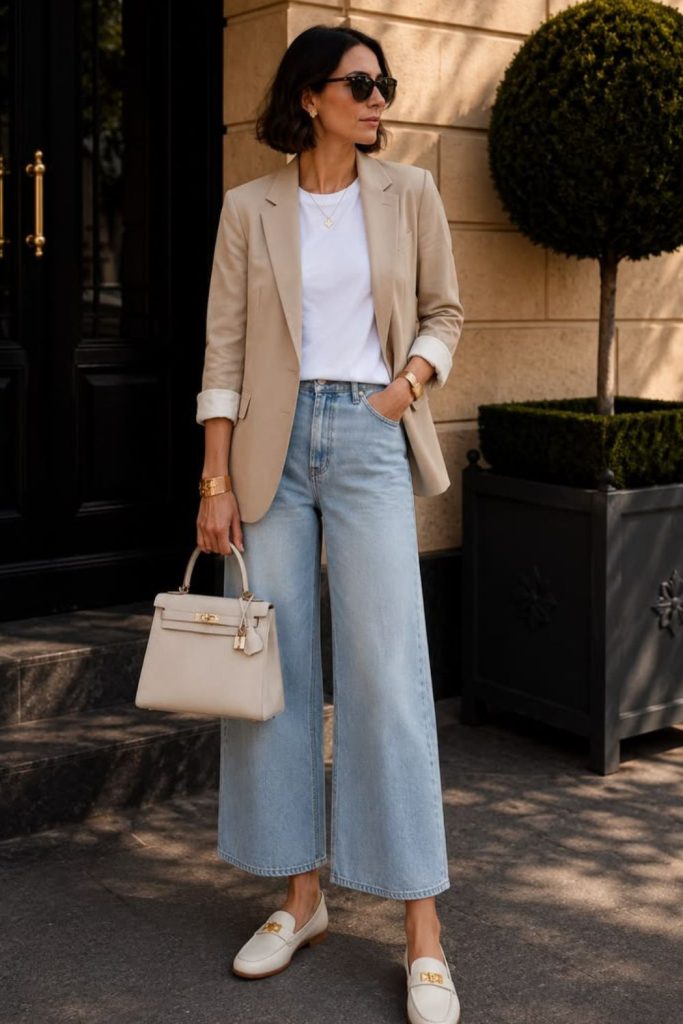 Beige blazer with flared jeans.