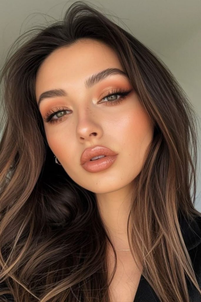 Smoky caramel autumn eye makeup.