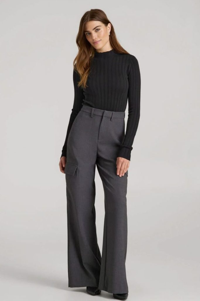 Charcoal bodysuit with flared trouser.