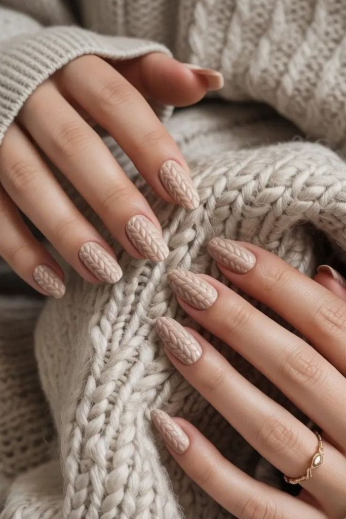 Soft almond sweater nail design.
