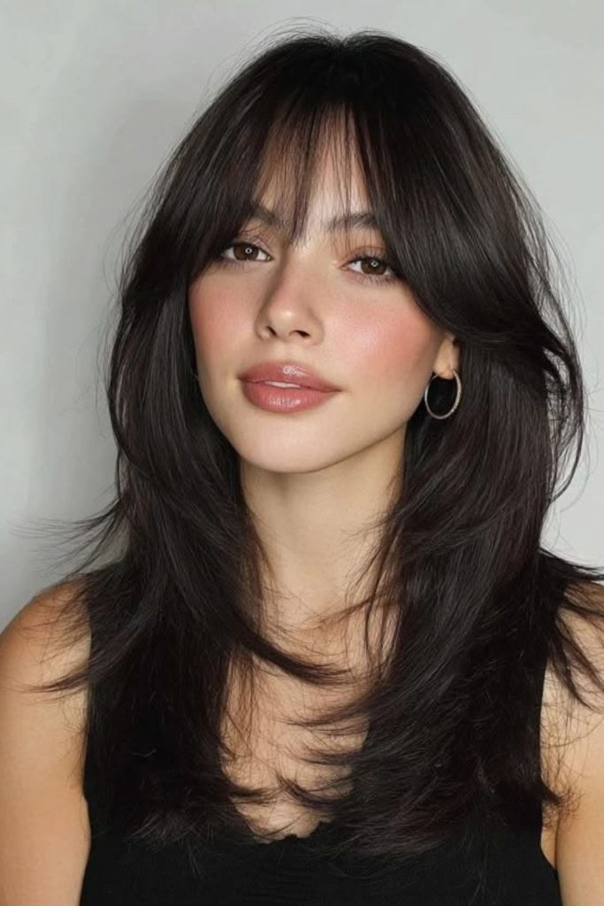 Soft black Birkin bangs with framing.