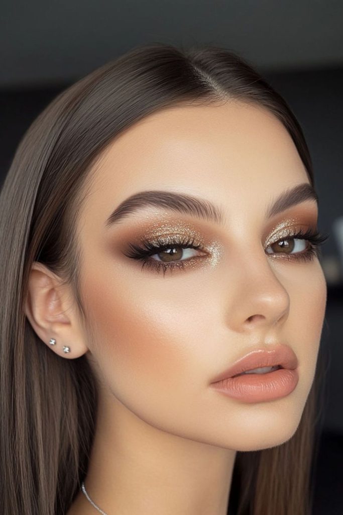 Soft brown sultry eye makeup.