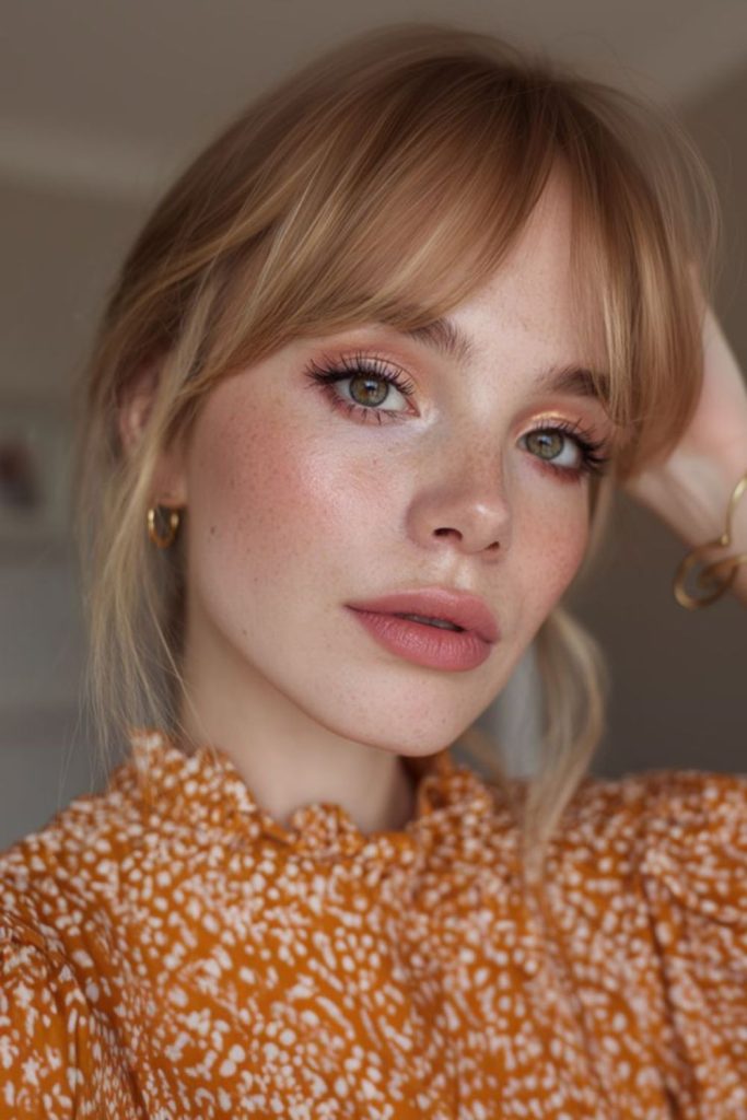 Soft cherry latte makeup with nude tones.