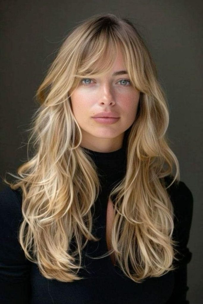 Soft curtain Birkin bangs with layers.