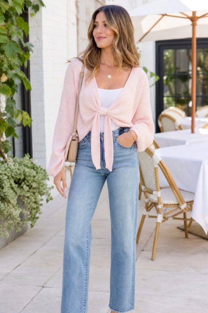 Pink cardigan with flare jeans.