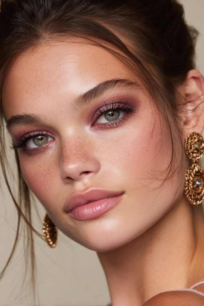 Soft smoky mauve eye makeup.
