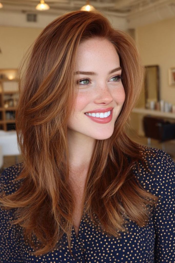 Soft strawberry brunette hair with warmth.
