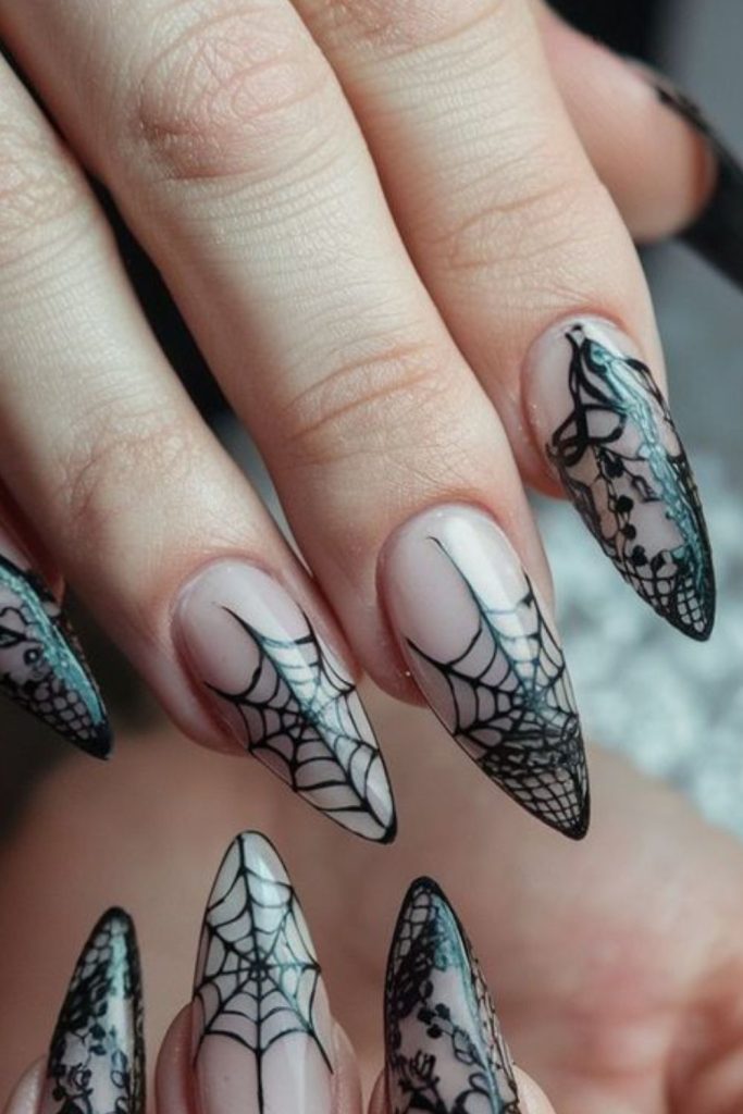 Spooky Lace Web Halloween Nails