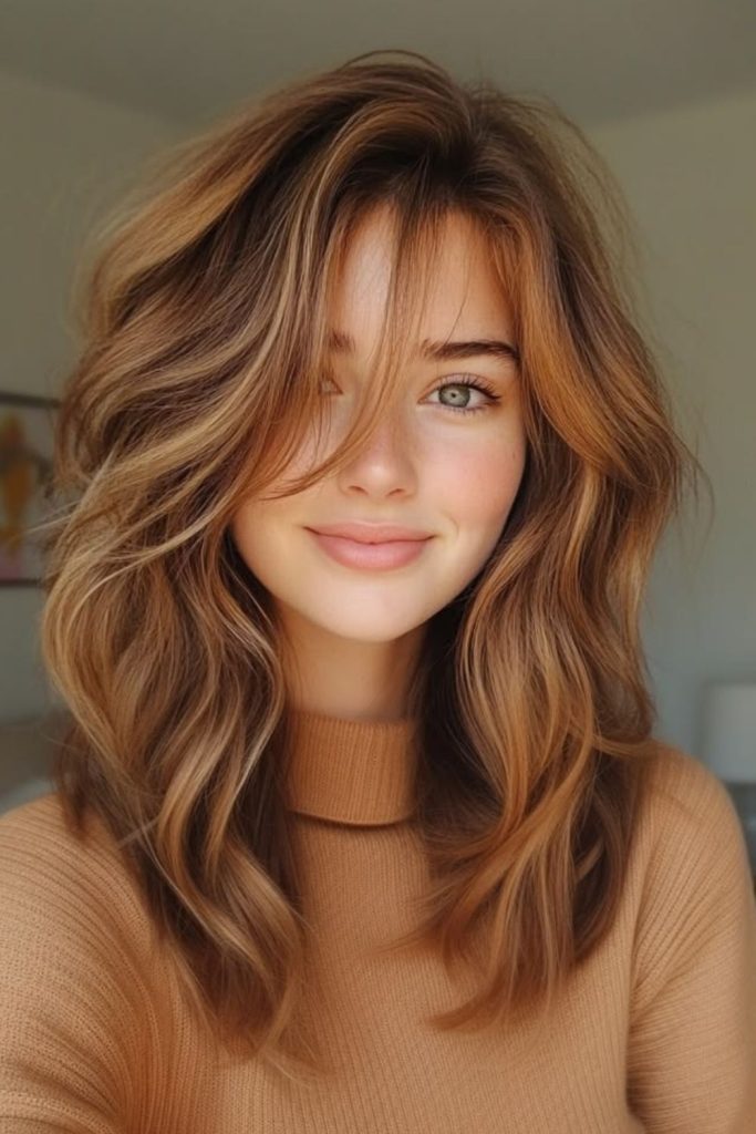 Strawberry brunette hair with copper money pieces.
