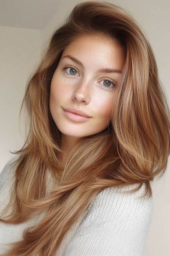 Strawberry brunette hair with blonde ribbons.
