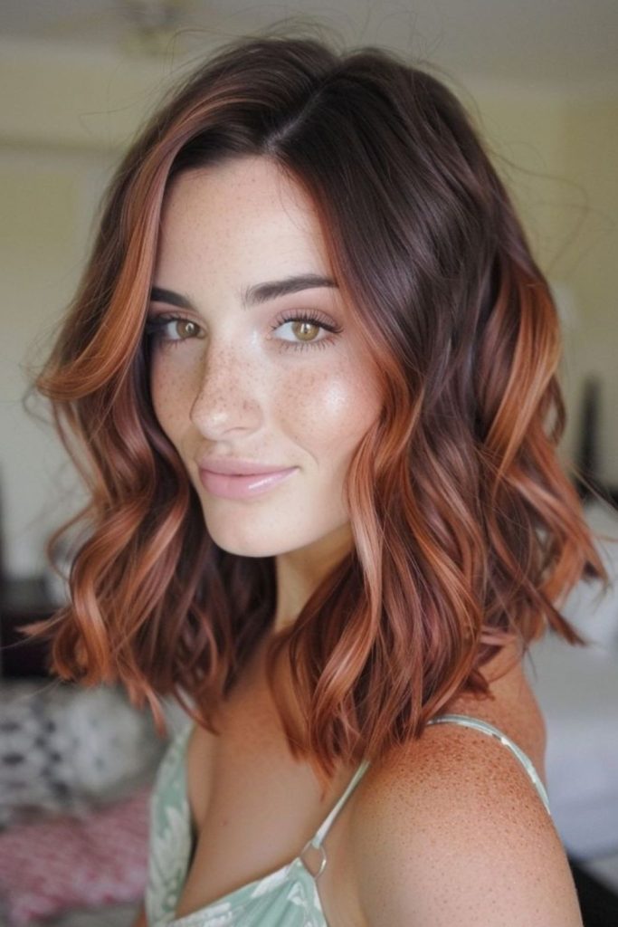 Strawberry brunette hair with copper tips.