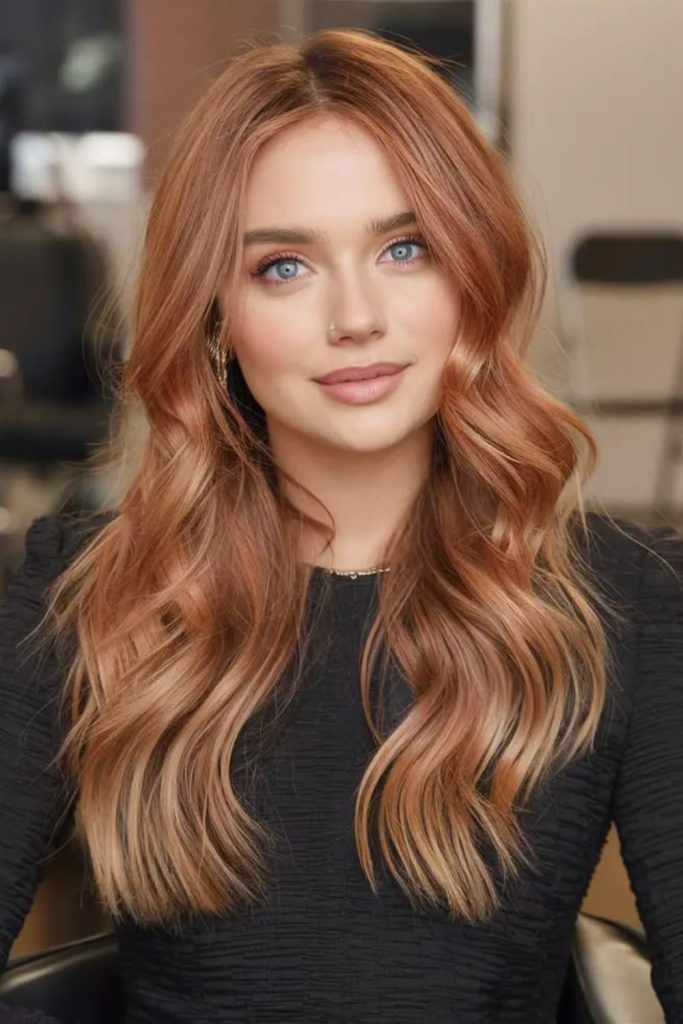 Strawberry brunette hair with rose-gold highlights.