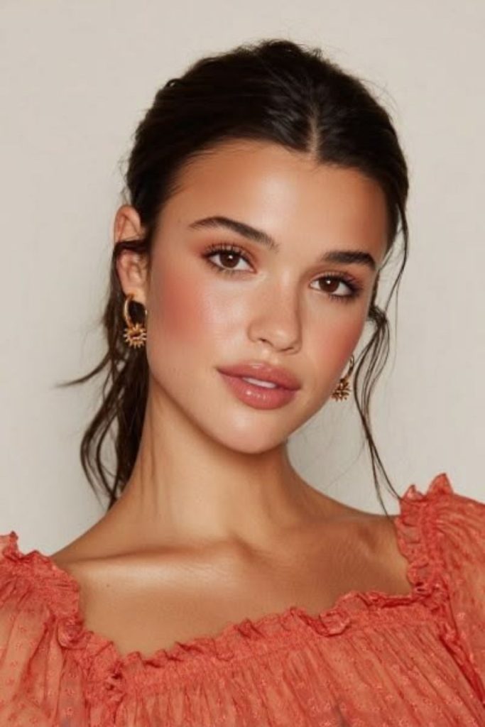 Sunkissed nude blush makeup style.