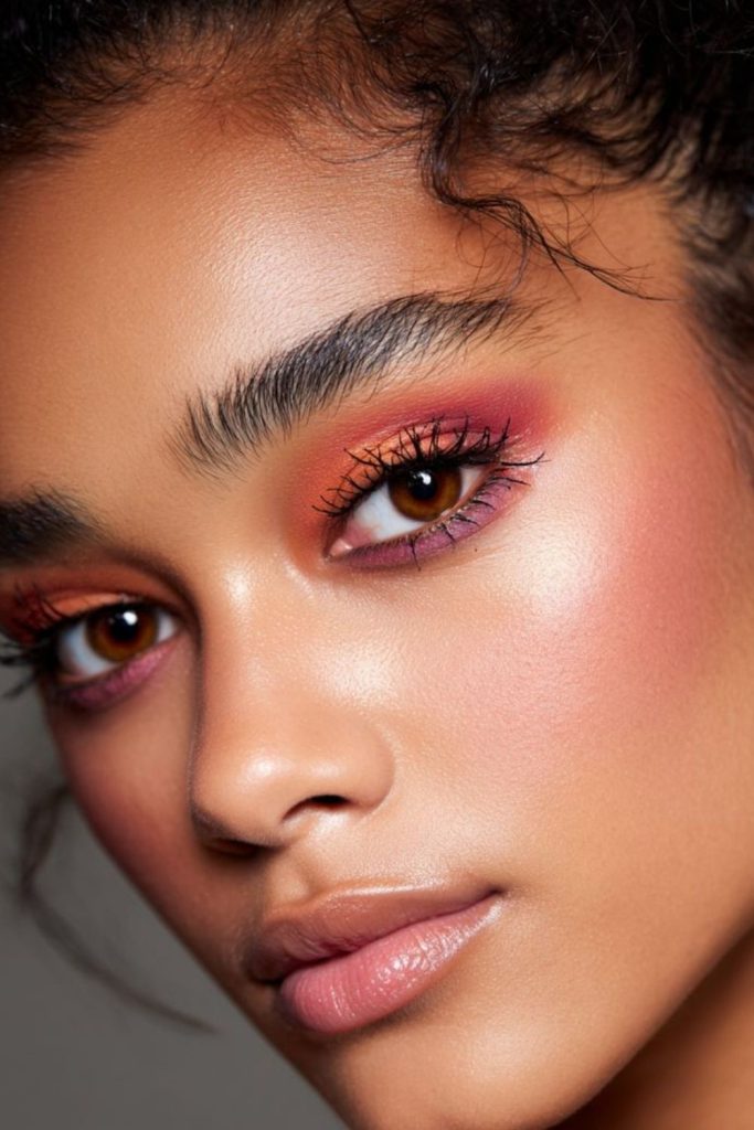 Monochromatic sunset blush makeup style.