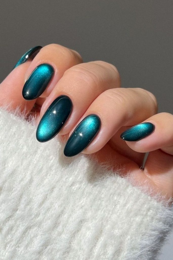 Teal velvet magnetic manicure design