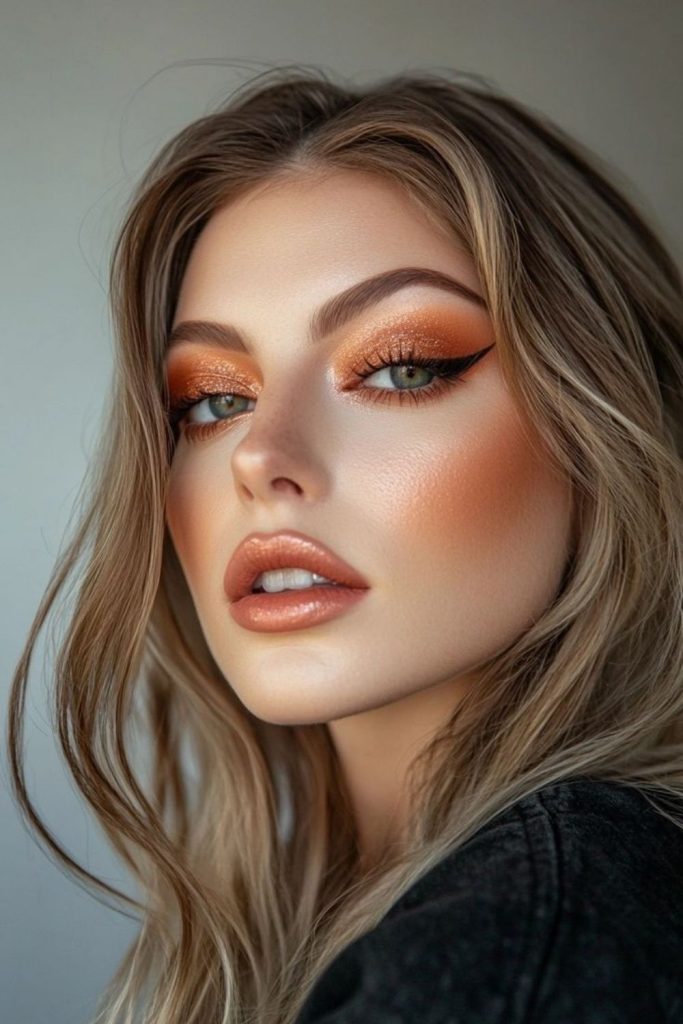 Terracotta monochrome fall makeup look.